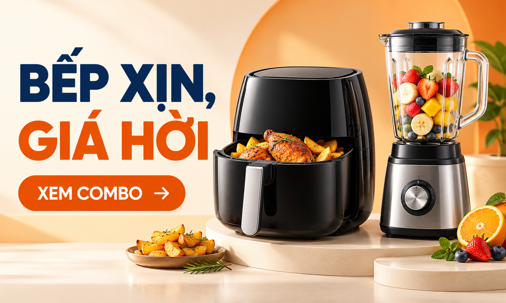Thẻ ưu đãi Bếp xịn giá hời - Combo Nồi chiên không dầu và Máy xay sinh tố trái cây nhiệt đới